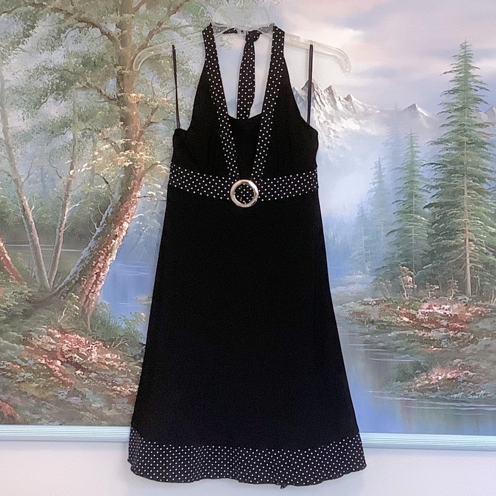 Girl’s Black Halter White Polkadot Midi Dress